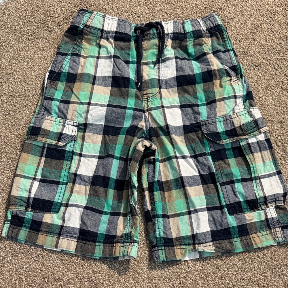 Boys Plaid Pull On Cargo Shorts in Spring Green, Blue, Tan and White